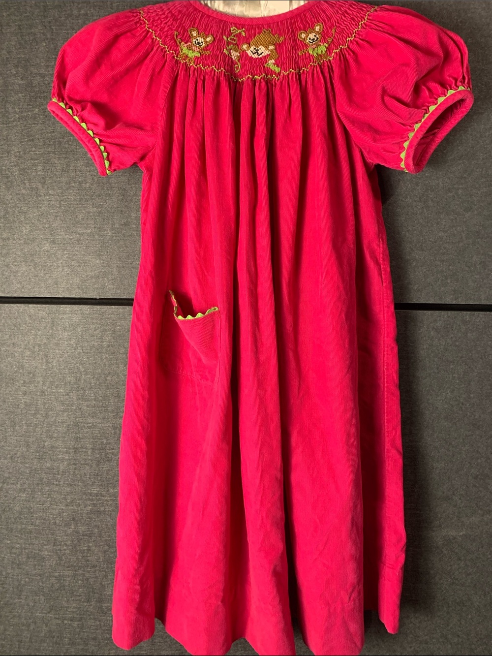 Girls Pink Smocked Corduroy Dress with Embroidery